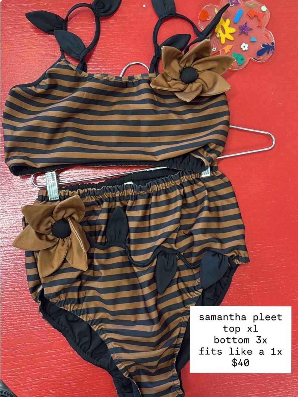 Samantha Pleet Brown and Black Striped Two-Piece Swim Set with Flower Accents